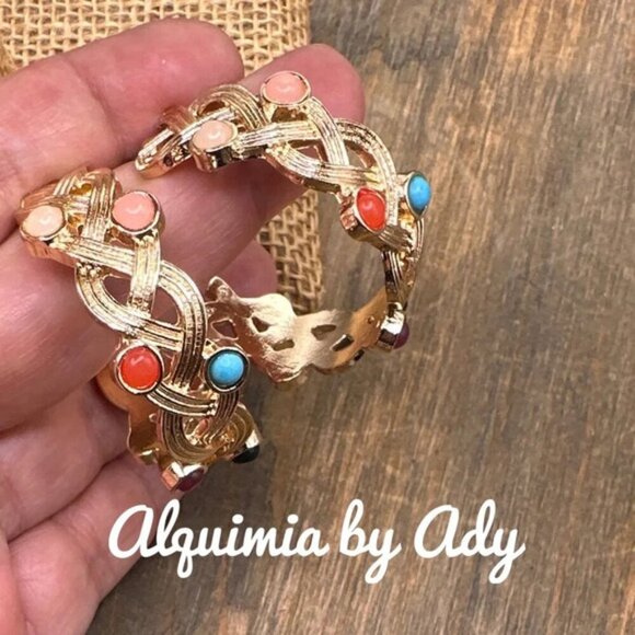 Gold multi stone chunky maximalist 14k gold plated hoops - Picture 3 of 3